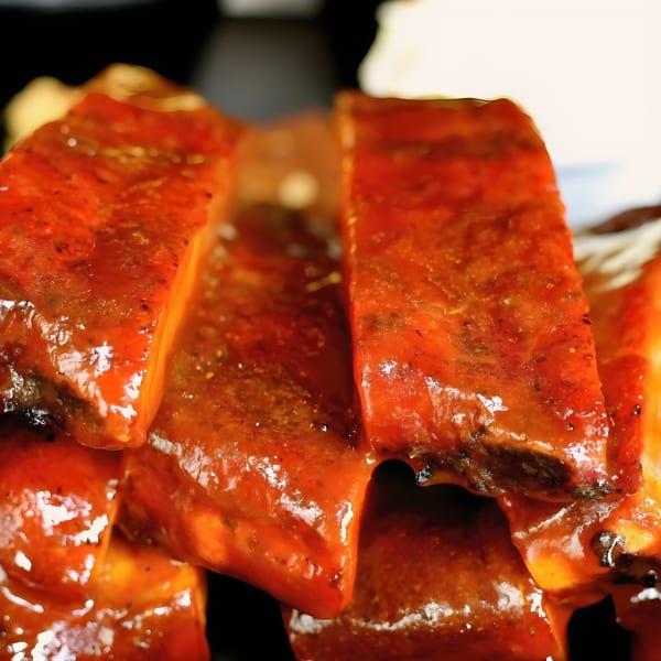 Close-up of glistening, saucy Fat Pete's BBQ ribs, stacked and ready to eat.