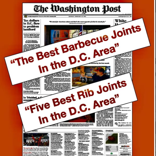 A Washington Post newspaper with headlines "The Best Barbecue Joints In the D.C. Area" and "Five Best Rib Joints In the D.C. Area".