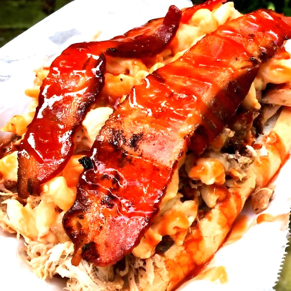 Fat Pete's BBQ sandwich with pulled pork, mac and cheese, bacon, and BBQ sauce.